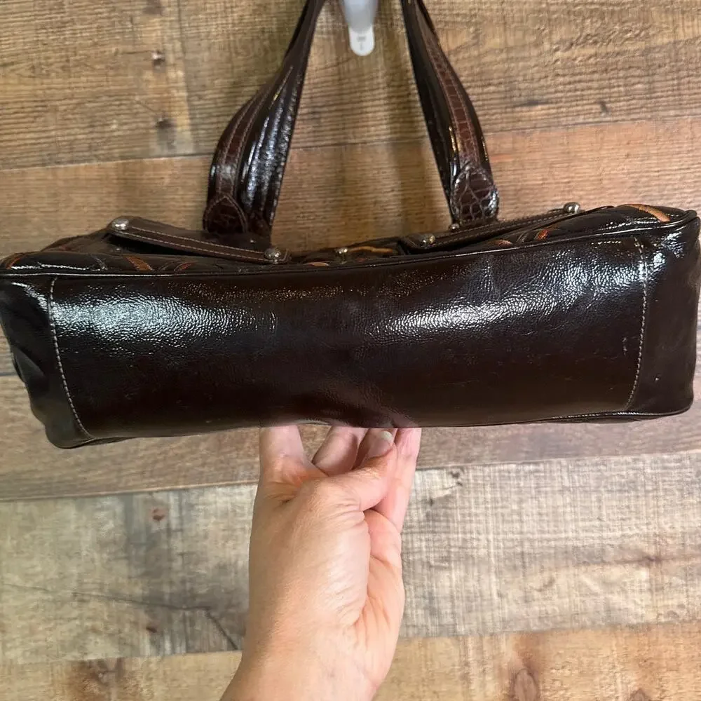 Brighton Maude Satchel Bag Purse Brown Quilted Patent Leather